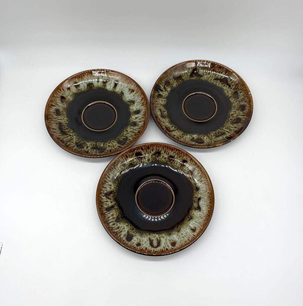 Vintage Brown Drip Glaze Stoneware Salad Dessert Plates Set 3 Rustic Pottery